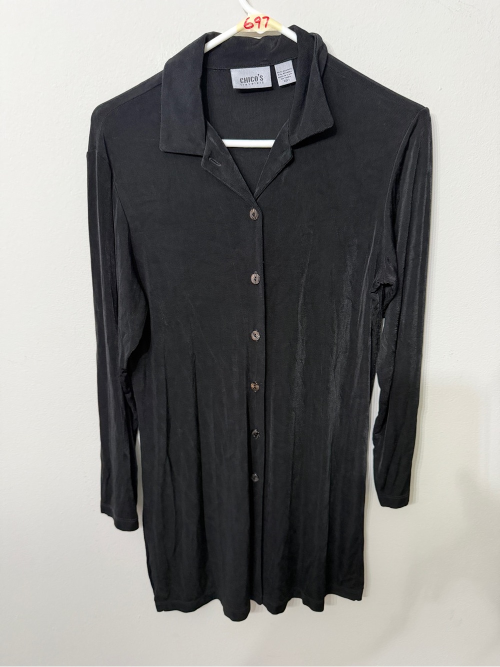 Women’s Chico’s Travelers Size 1 Black Button Front Long Cardigan Top